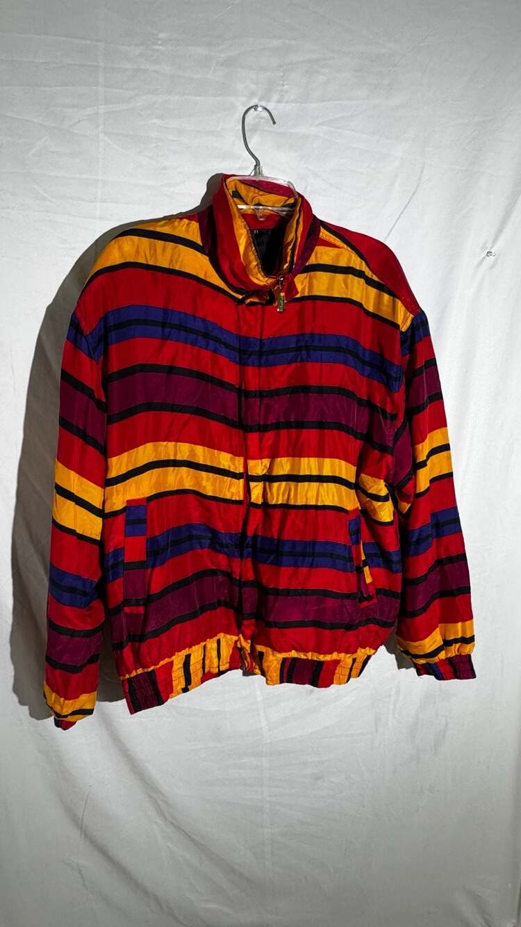 Vintage VINTAGE Fuda Silk Bomber Jacket Womens Large Multicolor Stripe Zip 80s 9
